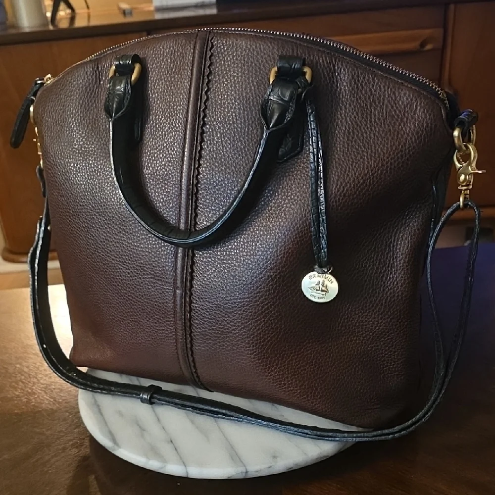 Brahmin Brown Pebbled Leather Satchel with Black Handles - Picture 1 of 16
